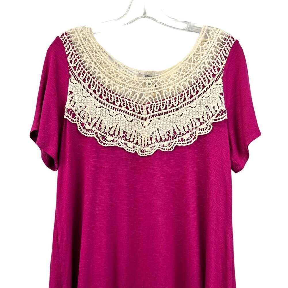 JODIFL Women’s Round Crochet Neck Short Sleeve Tunic Top Plum/Ivory S New